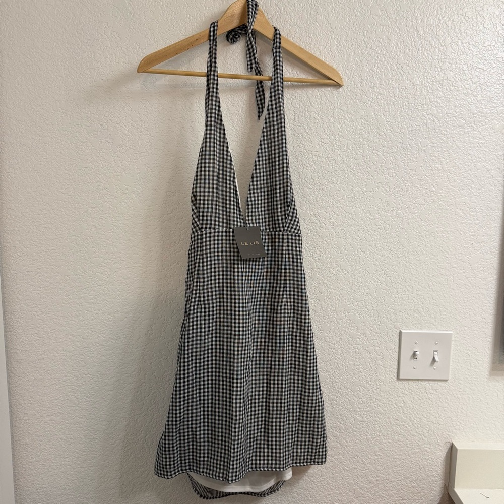 Le Lis Black and White Gingham Halter Mini Dress